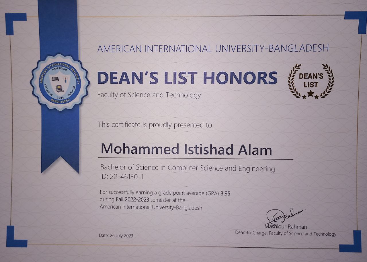 Dean's Award certificate image